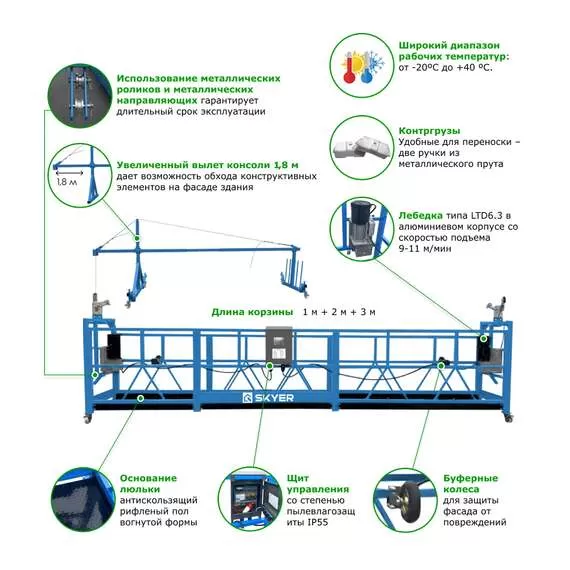 SKYER SKR 6 Строительная люлька (подъемник фасадный, длина 6 м) в Челябинске купить по выгодной цене 100kwatt.ru